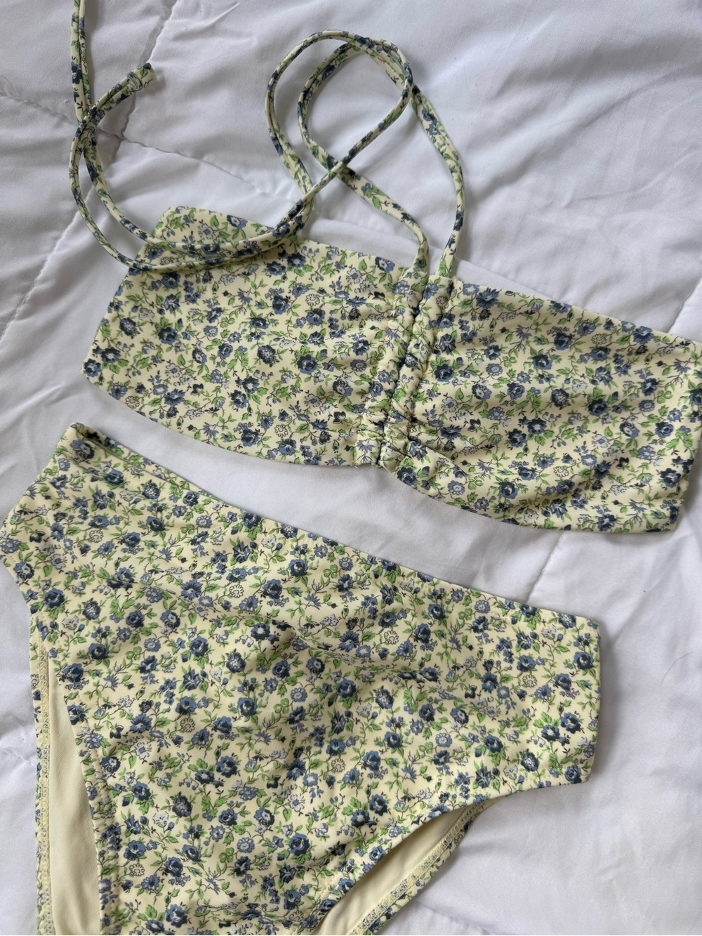 Topshop Butter Yellow Floral Bandeau Bikini with Blue Floral Print